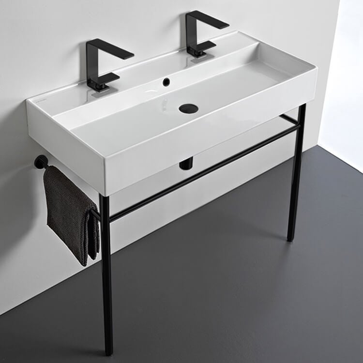 Scarabeo 8031/R-100B-CON-BLK-Two Hole Double Ceramic Console Sink and Matte Black Stand